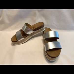 Brash sandals metallic silver straps wedge slides